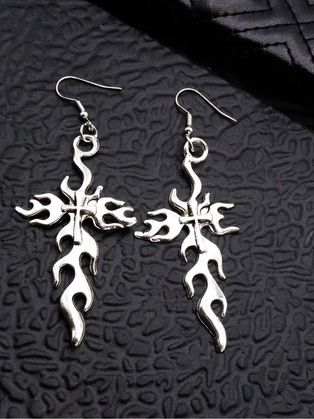 Silver Flame Cross Dangle Earrings - Women Jewelry